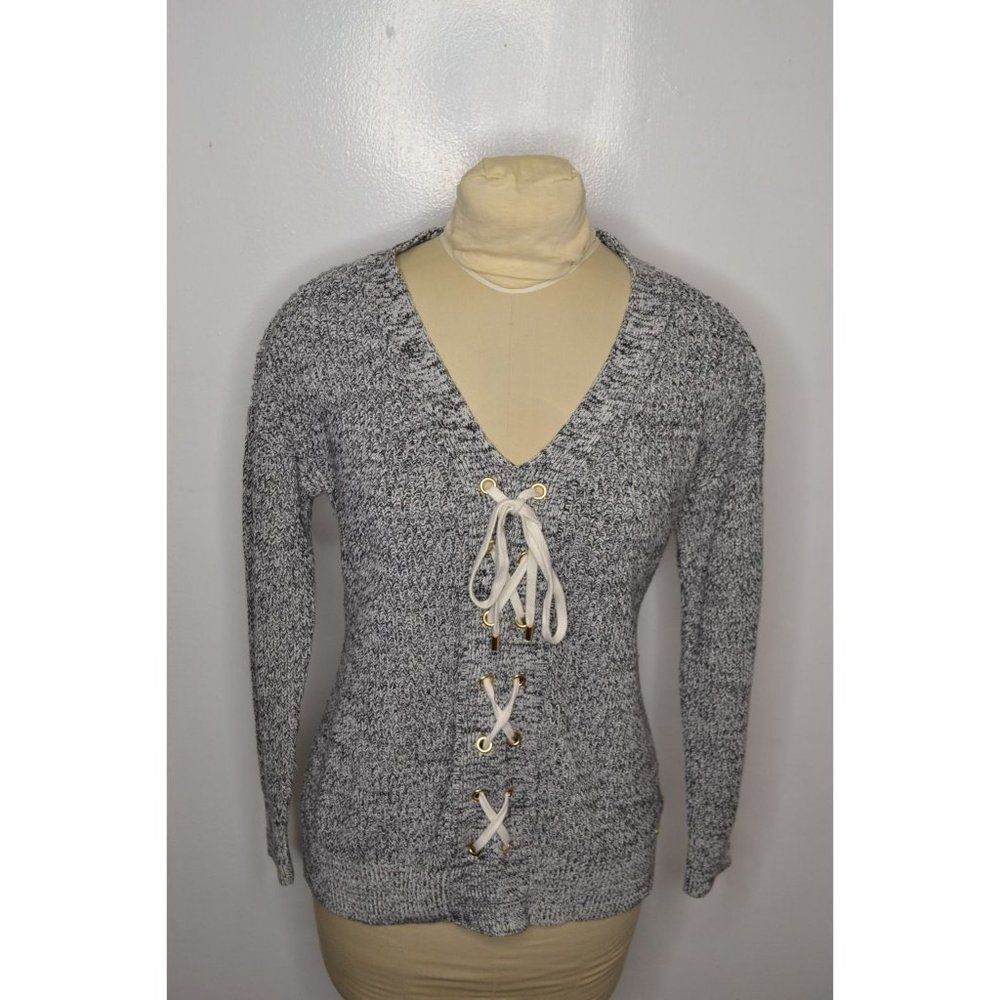 Guess Women's Large Grey V Neck Long Sleeve Lace Up Sweater